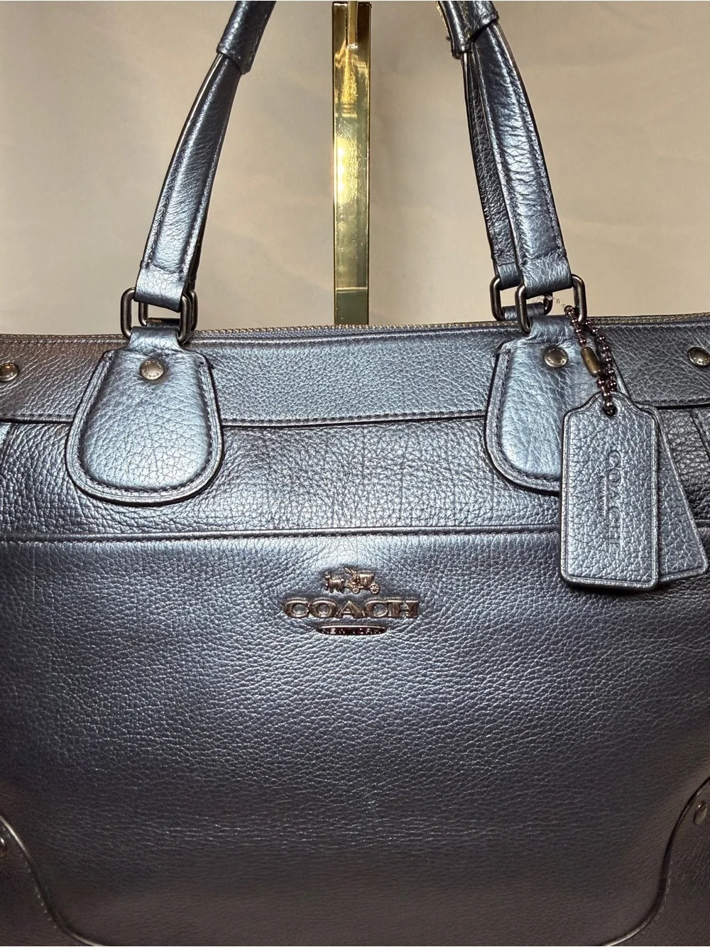 Coach Mickie Metallic Blue Pebbled Leather Tote with Removable Strap